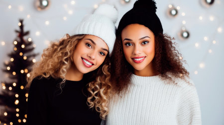 Three young beautiful smiling international hipster female wearing warm winter sweaters. Sexy carefree women posing on white background in studio. Hugging and going crazy. Happy and cheerful. High quality photoの素材