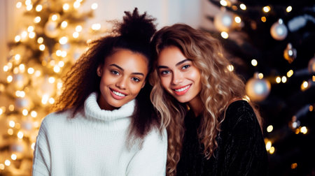 Three young beautiful smiling international hipster female wearing warm winter sweaters. Sexy carefree women posing on white background in studio. Hugging and going crazy. Happy and cheerful. High quality photoの素材