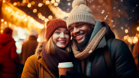 Mixed couple having a walk on a winter day. Christmas feeling concept. High quality photoの素材