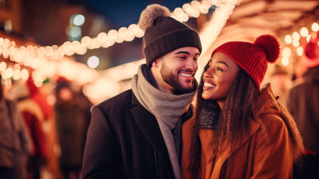 Mixed couple having a walk on a winter day. Christmas feeling concept. High quality photoの素材