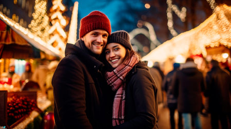 winter holidays and people concept - happy young couple dating at Christmas tree in evening. High quality photoの素材