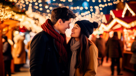 winter holidays and people concept - happy young couple dating at Christmas tree in evening. High quality photoの素材