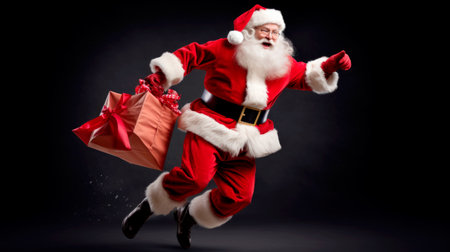 Santa Holding Christmas Present in his Hands on a black Background. High quality photoの素材