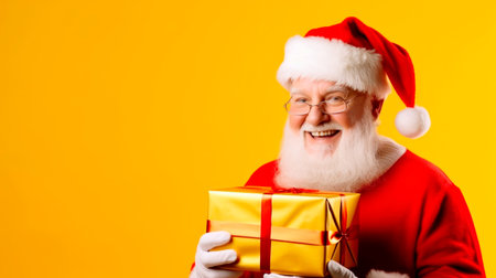 Santa Claus holding a handful of Christmas presents and smiling, isolated on yellow colored background. High quality photoの素材