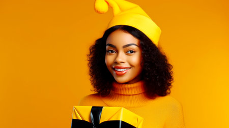 Portrait of happy African girl holding present box and looking at camera isolated on yellow background. High quality photoの素材