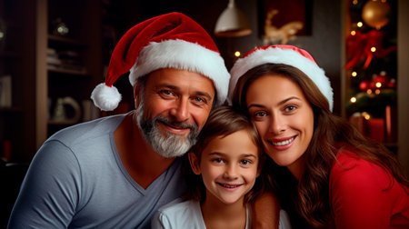 Merry Christmas. Portrait Of Happy Loving Family In Red Santa Claus Hat Celebrating Winter Holidays Together, Holding Boxes Sitting On Floor Blanket In Living Room, Posing Looking At Camera. High quality photoの素材