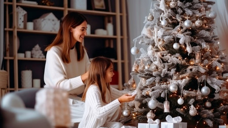 a happy family mother and child pack Christmas gifts at home near the Christmas tree. High quality photoの素材