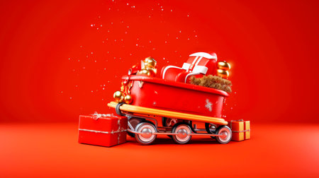 Red small retro toy truck with Christmas gift box with silver ribbon on truck body against red background. Delivery. Christmas, New Year concept. Delivery, Christmas, New Year concept. Copy space. High quality photoの素材