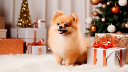 Beautiful cream color dog - pomeranian Spitz christmas. High quality photoの素材
