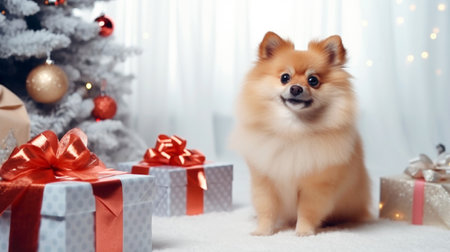 Beautiful cream color dog - pomeranian Spitz christmas. High quality photoの素材
