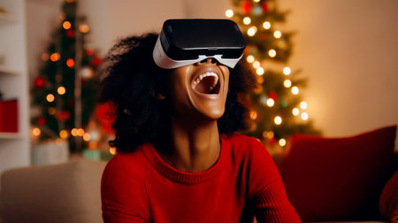 cheerful african american child in pajamas using virtual reality headset at home, christmas concept. High quality photoの素材
