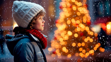 Adorable boy kid looking through the display window at Christmas decoration in the shop. High quality photoの素材