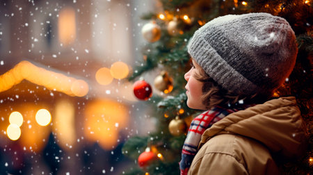 Adorable boy kid looking through the display window at Christmas decoration in the shop. High quality photoの素材