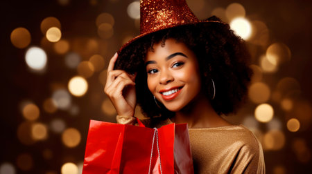 Laughing african american woman with christmas presents after shopping. High quality photoの素材