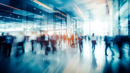 Image of people in the lobby of a modern business center with a blurred background. AI Generatedの素材