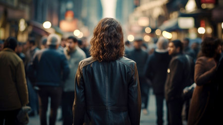 A woman walks down the street with people. AI Generatedの素材