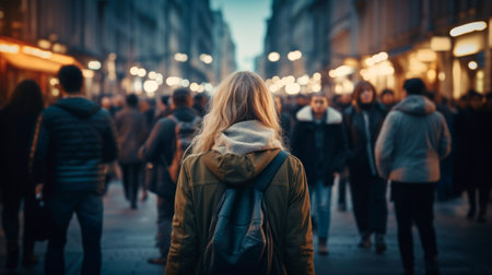 A woman walks down the street with people. AI Generatedの素材
