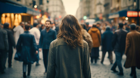 A woman walks down the street with people. AI Generatedの素材