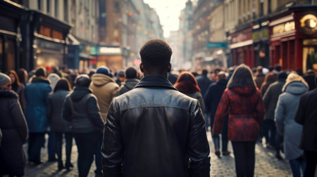 Black man walking down the street with people. AI Generatedの素材