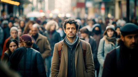 A man walks down the street with people. AI Generatedの素材