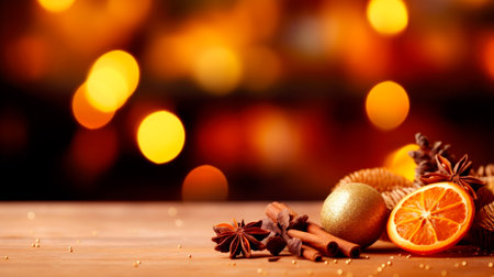 Spices or Mulled wine ingredients on yellow background. Top view, flat lay. Copy space for your text. AI Generatedの素材
