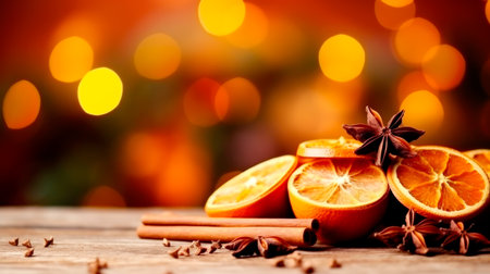 Spices or Mulled wine ingredients on yellow background. Top view, flat lay. Copy space for your text. AI Generatedの素材
