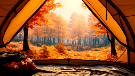 Traveler holding coffee relaxing inside an orange tent and enjoy the view of sunset on pine forest in national park. AI Generatedの素材