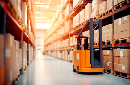 Interior of a modern warehouse storage of retail shop with pallet truck near shelves. AI Generatedの素材