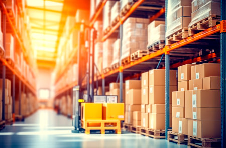 Interior of a modern warehouse storage of retail shop with pallet truck near shelves. AI Generatedの素材
