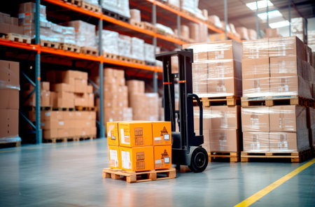 Interior of a modern warehouse storage of retail shop with pallet truck near shelves. AI Generatedの素材