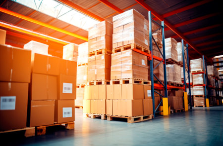 Interior of a modern warehouse storage of retail shop with pallet truck near shelves. AI Generatedの素材