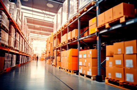 Interior of a modern warehouse storage of retail shop with pallet truck near shelves. AI Generatedの素材