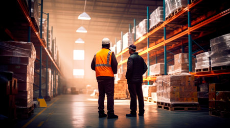 Interior of a modern warehouse storage of retail shop with pallet truck near shelves. AI Generatedの素材