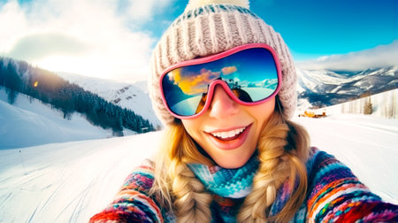 Happy woman posing for winter selfie on a ski resort. Sport and healthy lifestyle concept. AI Generatedの素材