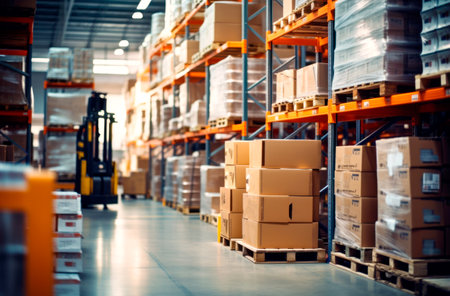 Interior of a modern warehouse storage of retail shop with pallet truck near shelves. AI Generatedの素材