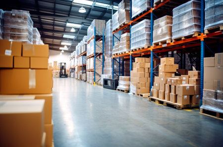 Interior of a modern warehouse storage of retail shop with pallet truck near shelves. AI Generatedの素材