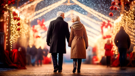 Happy senior couple enjoying christmas market, buying gifts. AI Generatedの素材