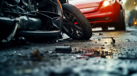 car crash accident on street, damaged automobiles after collision in city. AI Generatedの素材