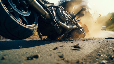 The motorcycle lies on the sidewalk after a road trip. Severe accident. Accident, close-up. AI Generatedの素材