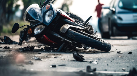 The motorcycle lies on the sidewalk after a road trip. Severe accident. Accident, close-up. AI Generatedの素材