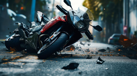The motorcycle lies on the sidewalk after a road trip. Severe accident. Accident, close-up. AI Generatedの素材