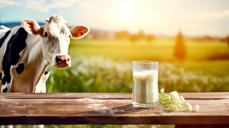 Farm image on table with natural milk background. Organic cow's milk. Cows grazing in meadow and mountain farm landscape. AI Generatedの素材