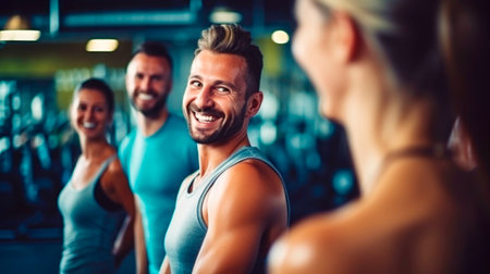 Beautiful sports team are holding sports equipment, looking at camera and smiling while doing selfie in fitness hall. AI Generatedの素材