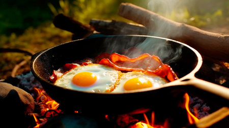 Eggs prepared with vegetables on a frying pan on the fire in the forest. Cooking scrambled eggs over an open fire. Breakfast in nature. Tourist food. AI Generatedの素材