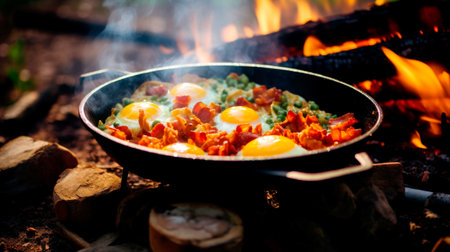 Eggs prepared with vegetables on a frying pan on the fire in the forest. Cooking scrambled eggs over an open fire. Breakfast in nature. Tourist food. AI Generatedの素材