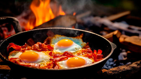 Eggs prepared with vegetables on a frying pan on the fire in the forest. Cooking scrambled eggs over an open fire. Breakfast in nature. Tourist food. AI Generatedの素材