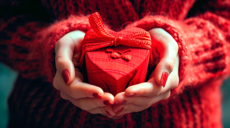 Woman holding gift box close up, valentine's day celebration concept. AI generatedの素材