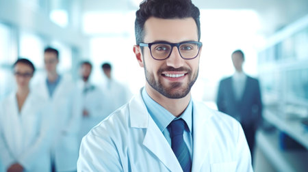 Portrait of happy Arabic doctor handsome a man in workwear posing at modern clinic. AI generatedの素材