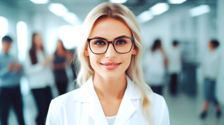 Professional beautiful young woman doctor standing with arms crossed smiling looking at the camera. AI generatedの素材