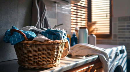 preparing for home washing of things, a basket with dirty clothes, a washing machine in the background. AI generatedの素材